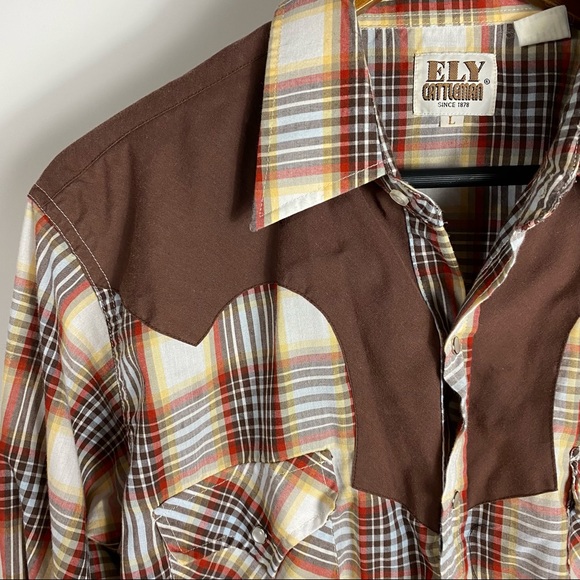 VINTAGE 70s ELY CATTLEMAN Western Pearl Snap Plaid Cowboy Shirt Mens Large - Picture 2 of 5